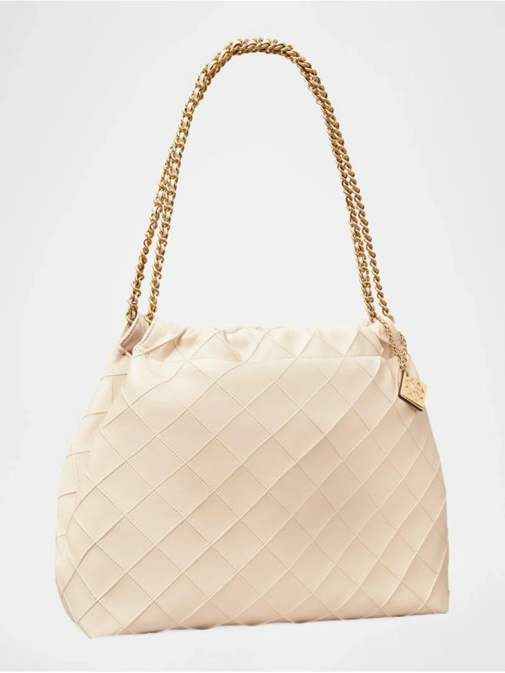 Tory Burch Fleming Drawstring Leather Quilted Cream Hobo Bag Gold Chain Strap